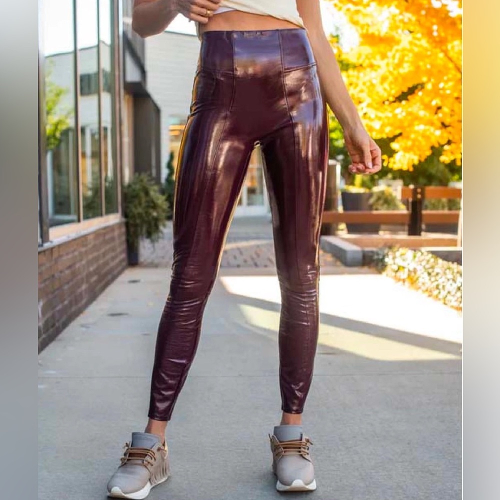 Spanx Faux Patent Leather Leggings Ruby Red Burgundy Medium New NWT